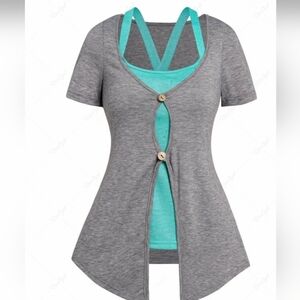 Short Sleeve Dual Buttons Pointed Hem Top And Crossover Tank Top Set - Dark Gray
